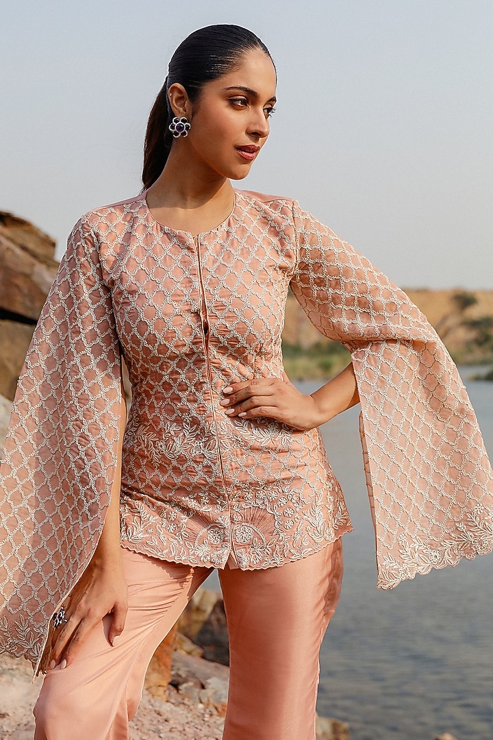 Peach Viscose Organza Floral Embroidered Jacket Set by Label Moni K at Pernia's Pop Up Shop