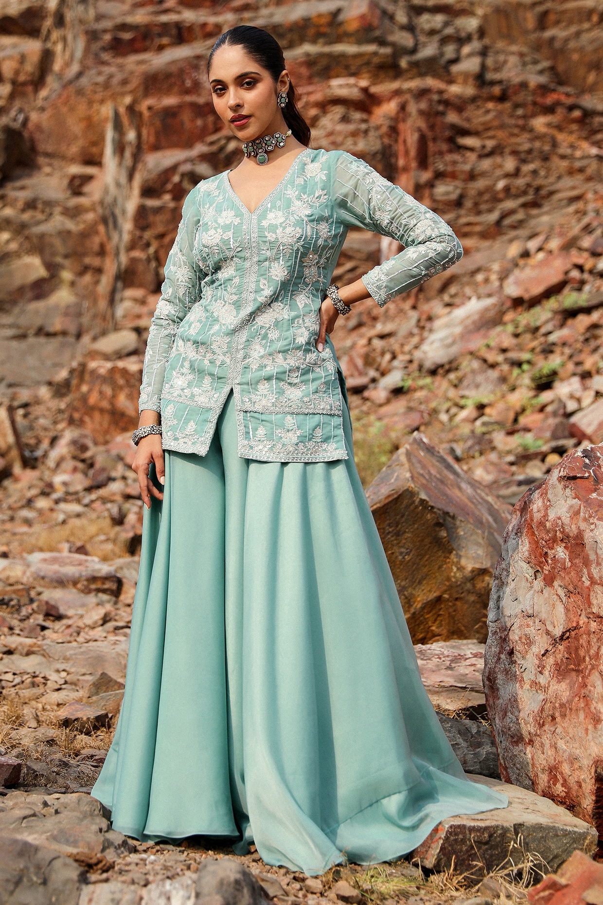 Label Moni K Mint Green Viscose Sharara Set