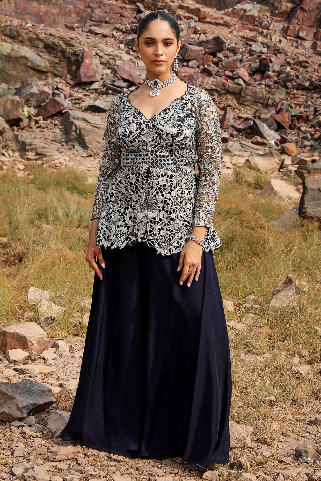 Label Moni K Navy Blue Viscose Sharara Set