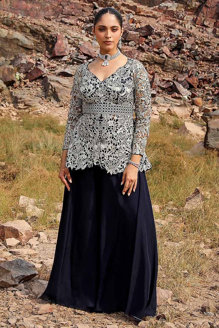 Navy Blue Viscose Wedding Sharara Set by Label Moni K at Pernia's Pop Up Shop