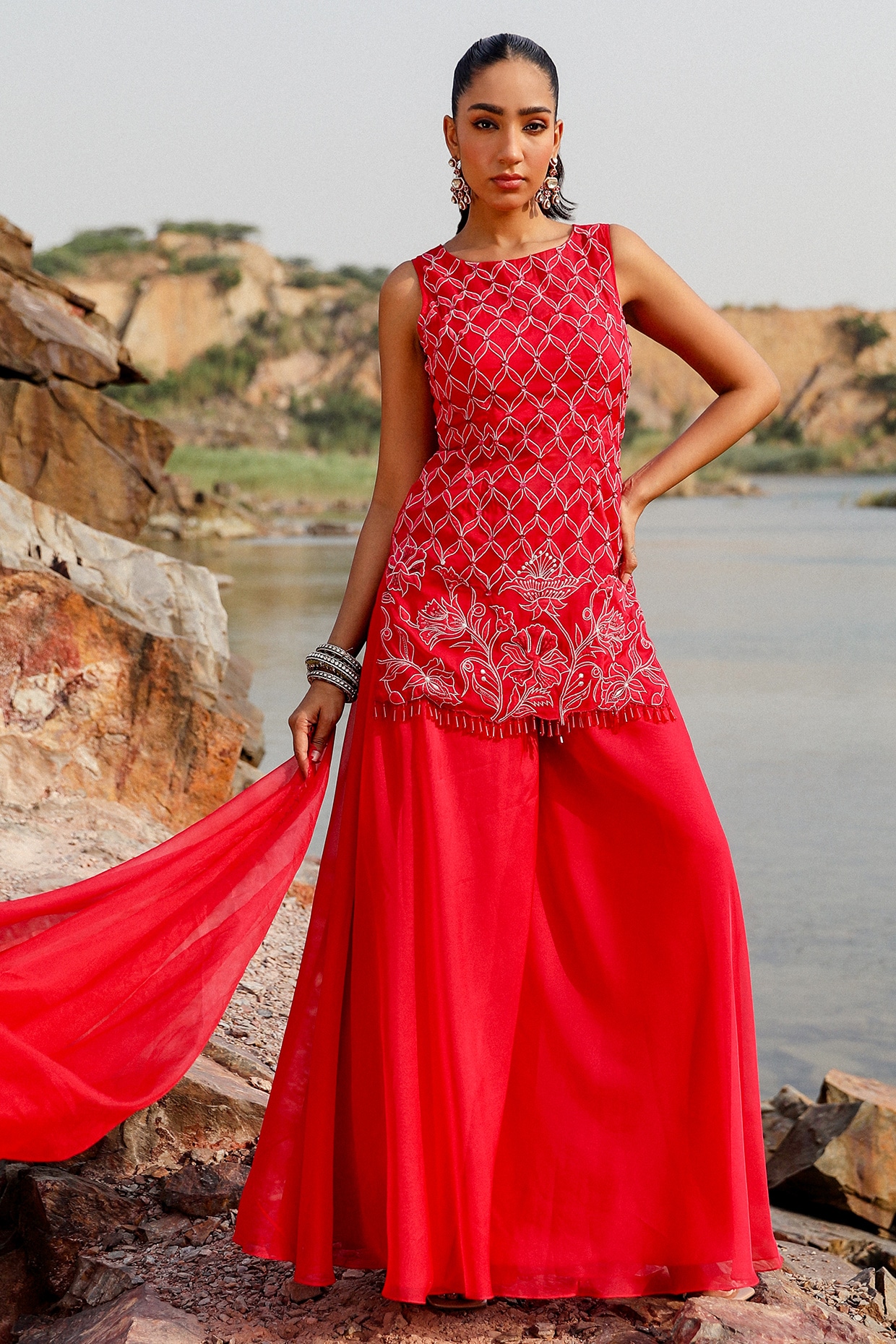 Label Moni K Ruby Pink Viscose Hand Embroidered Kurta Set