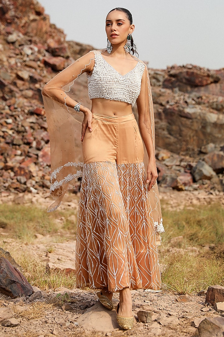 Champagne Net Embroidered Gharara Set by Label Moni K at Pernia's Pop Up Shop