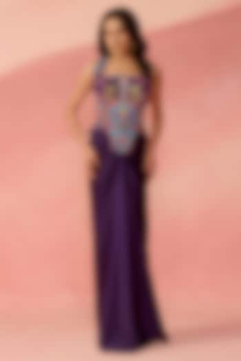 Deep Purple Georgette & Satin Embroidered Drape Skirt Set by Label Moni K at Pernia's Pop Up Shop