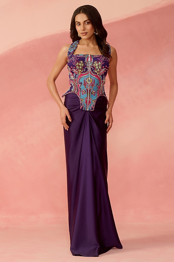Deep Purple Georgette & Satin Embroidered Drape Skirt Set by Label Moni K at Pernia's Pop Up Shop