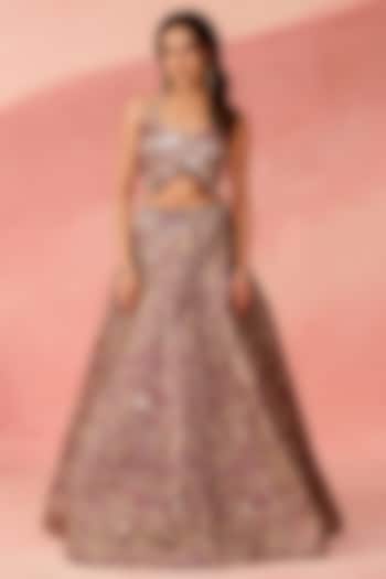 Maroon Jacquard Mirror Hand Embroidered Lehenga Set by Label Moni K at Pernia's Pop Up Shop