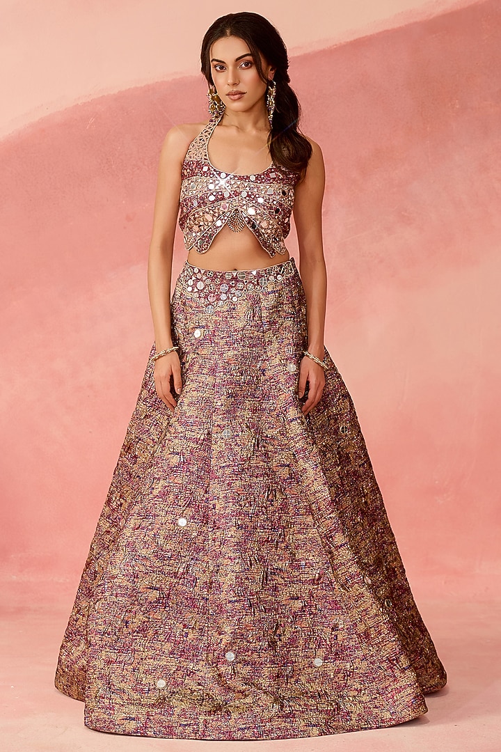 Maroon Jacquard Mirror Hand Embroidered Lehenga Set by Label Moni K at Pernia's Pop Up Shop