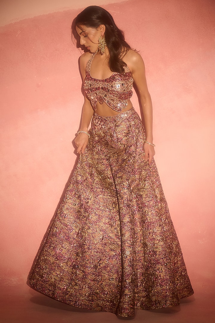 Maroon Jacquard Mirror Hand Embroidered Lehenga Set by Label Moni K at Pernia's Pop Up Shop