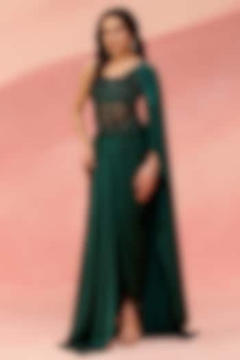 Emerald Green Satin Dobby Embellished Drape Skirt Set by Label Moni K at Pernia's Pop Up Shop