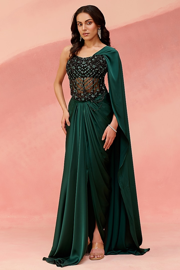 Emerald Green Satin Dobby Embellished Drape Skirt Set by Label Moni K at Pernia's Pop Up Shop