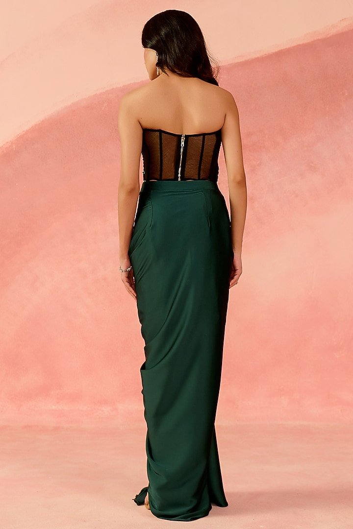Emerald Green Satin Dobby Embellished Drape Skirt Set by Label Moni K at Pernia's Pop Up Shop