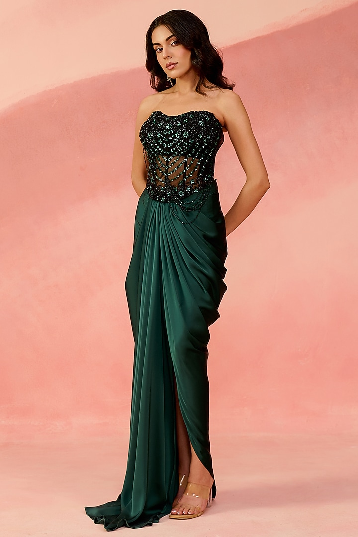 Emerald Green Satin Dobby Embellished Drape Skirt Set by Label Moni K at Pernia's Pop Up Shop
