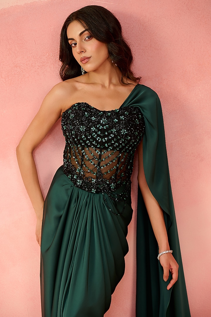 Emerald Green Satin Dobby Embellished Drape Skirt Set by Label Moni K at Pernia's Pop Up Shop