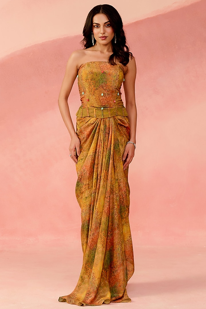 Sunset Ochre Ombre Crepe Printed Draped Skirt Set by Label Moni K at Pernia's Pop Up Shop