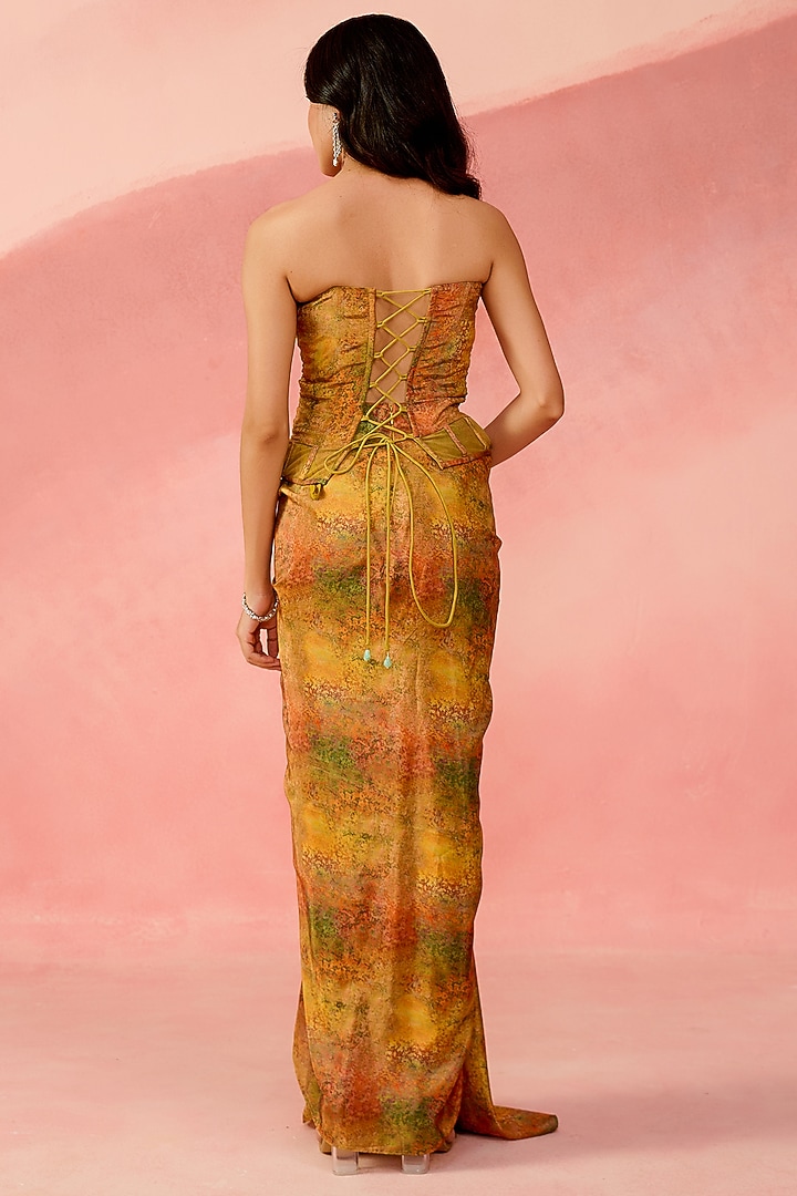 Sunset Ochre Ombre Crepe Printed Draped Skirt Set by Label Moni K at Pernia's Pop Up Shop