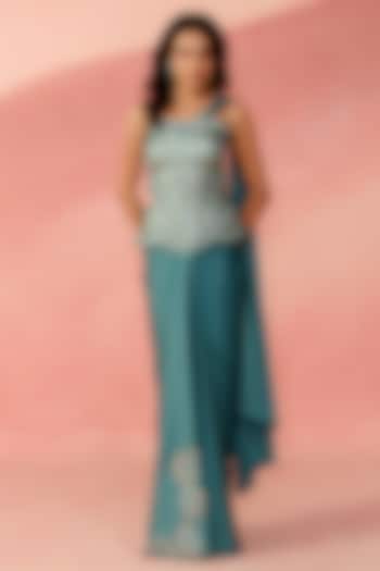 Aqua Blue Brocade & Satin Embellished Draped Skirt Set by Label Moni K at Pernia's Pop Up Shop
