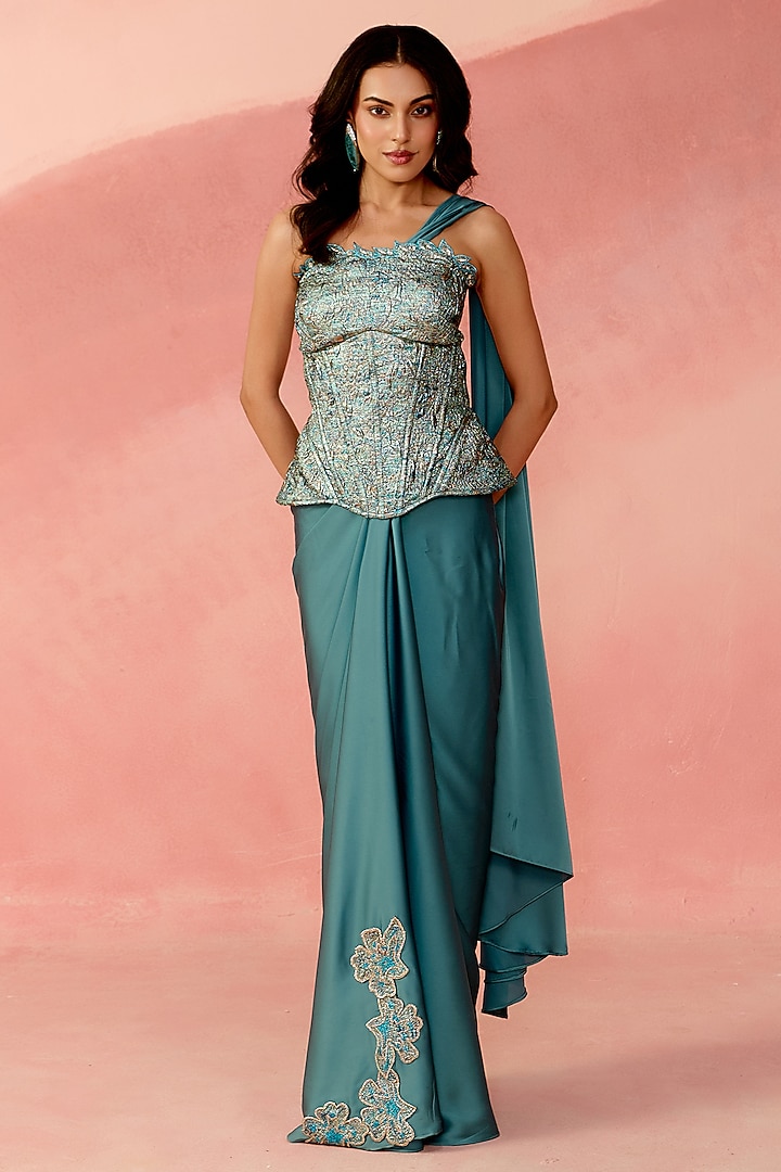 Aqua Blue Brocade & Satin Embellished Draped Skirt Set by Label Moni K at Pernia's Pop Up Shop
