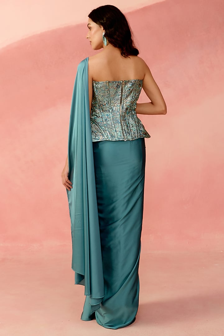 Aqua Blue Brocade & Satin Embellished Draped Skirt Set by Label Moni K at Pernia's Pop Up Shop