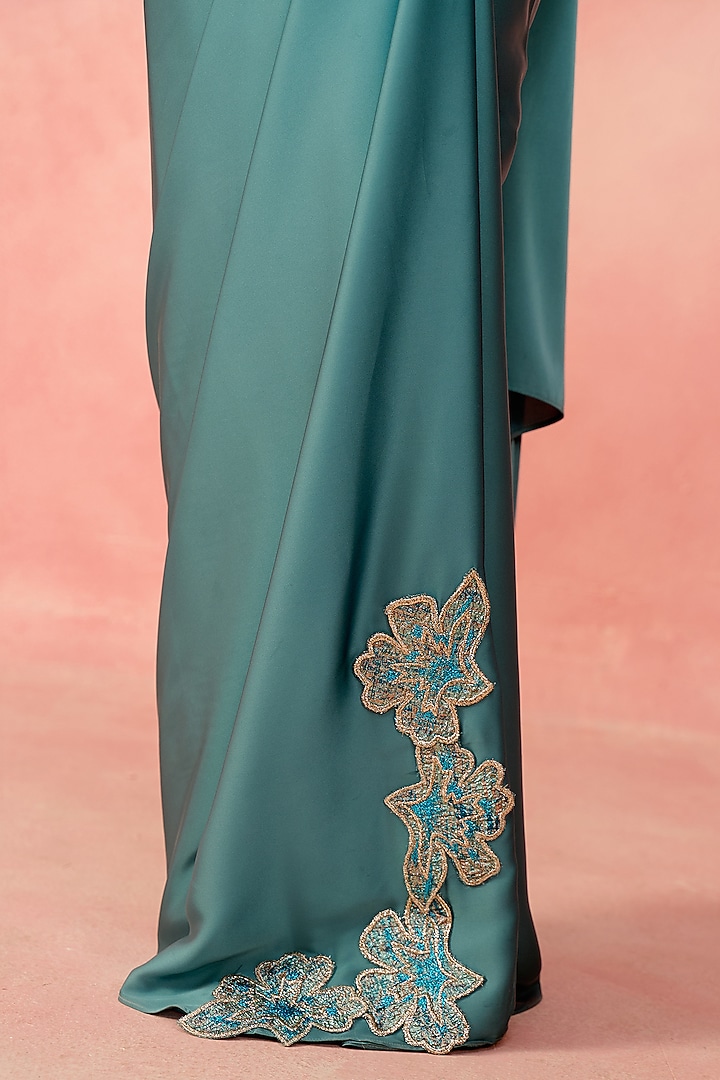 Aqua Blue Brocade & Satin Embellished Draped Skirt Set by Label Moni K at Pernia's Pop Up Shop