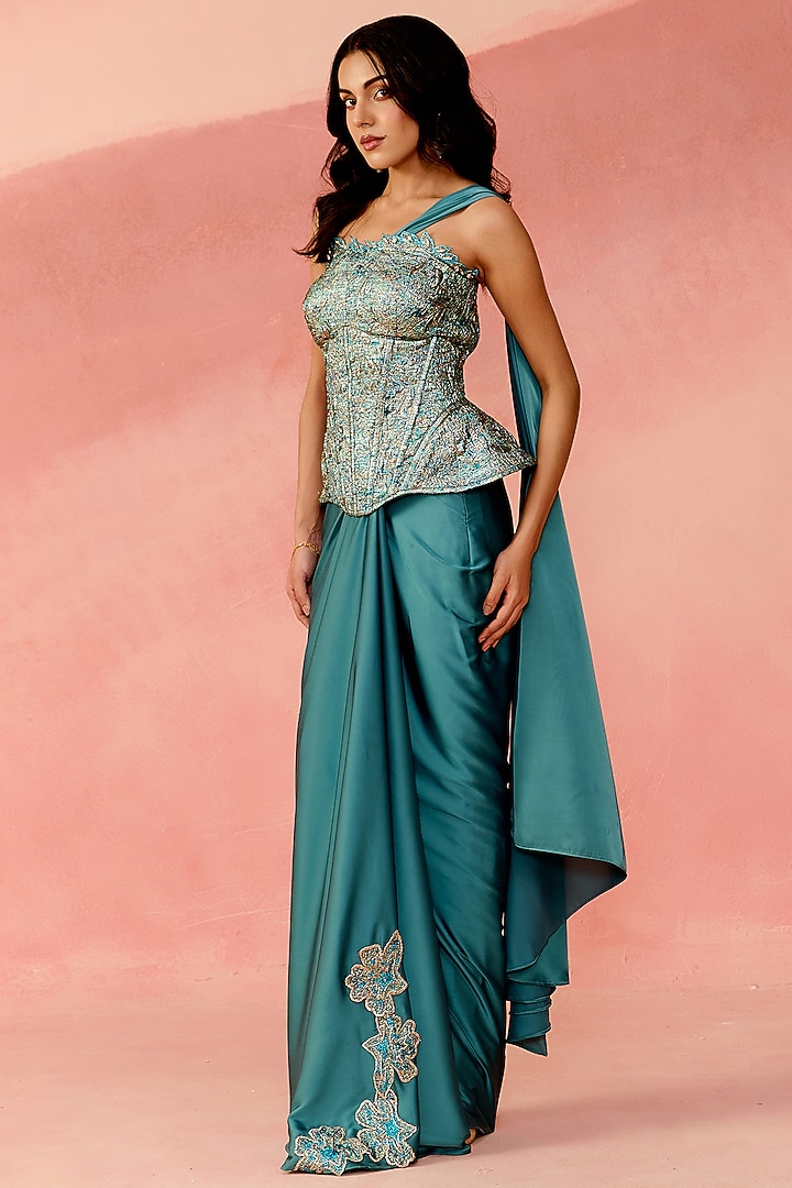 Aqua Blue Brocade & Satin Embellished Draped Skirt Set by Label Moni K at Pernia's Pop Up Shop