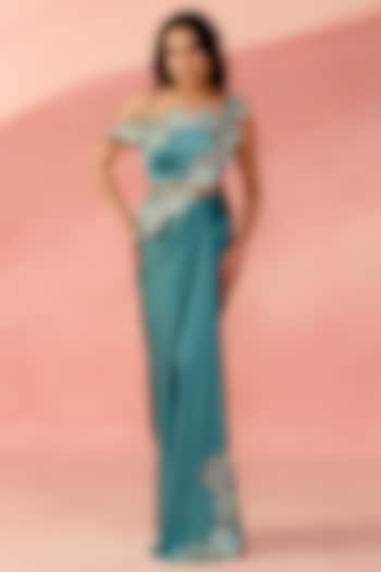 Aqua Blue Satin & Jacquard Floral Applique Skirt Set by Label Moni K at Pernia's Pop Up Shop