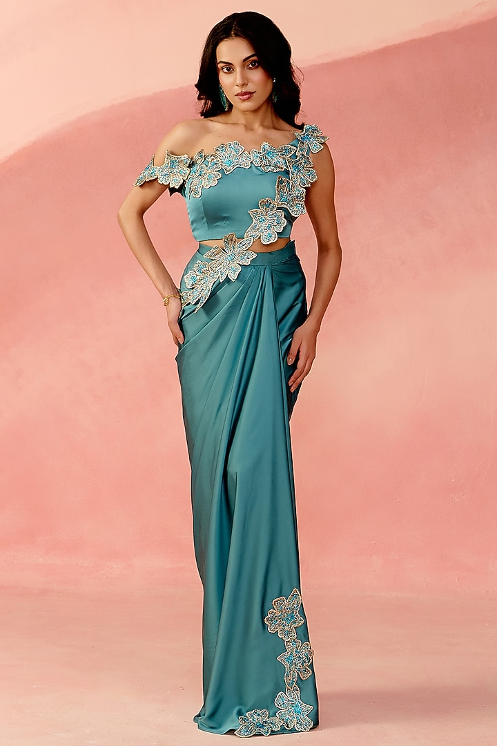 Aqua Blue Satin & Jacquard Floral Applique Skirt Set by Label Moni K at Pernia's Pop Up Shop
