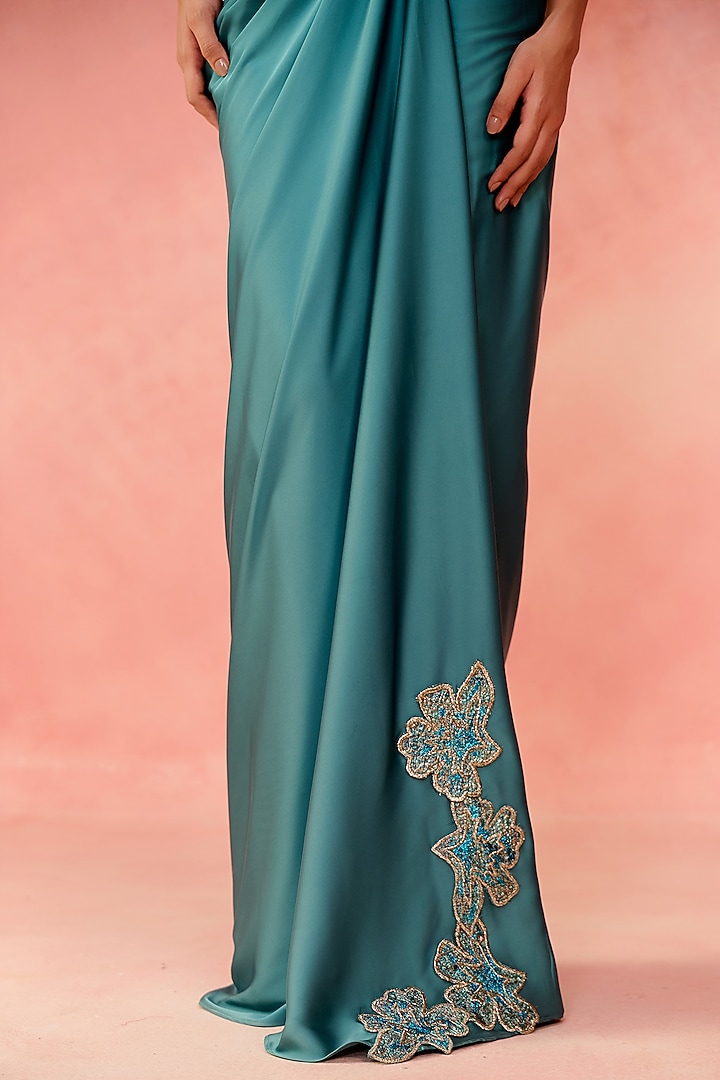 Aqua Blue Satin & Jacquard Floral Applique Skirt Set by Label Moni K at Pernia's Pop Up Shop