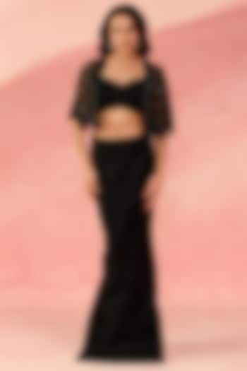 Black Japanese Crepe & Net Embellished Column Skirt Set by Label Moni K at Pernia's Pop Up Shop