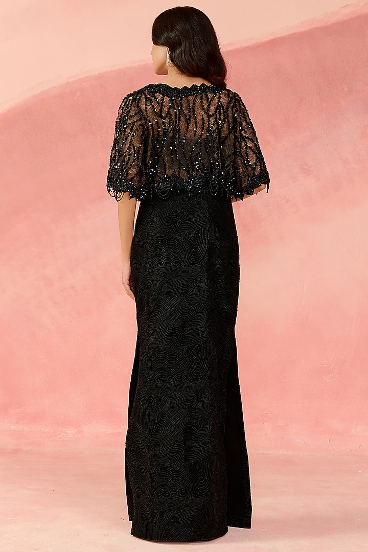 Black Japanese Crepe & Net Embellished Column Skirt Set by Label Moni K at Pernia's Pop Up Shop