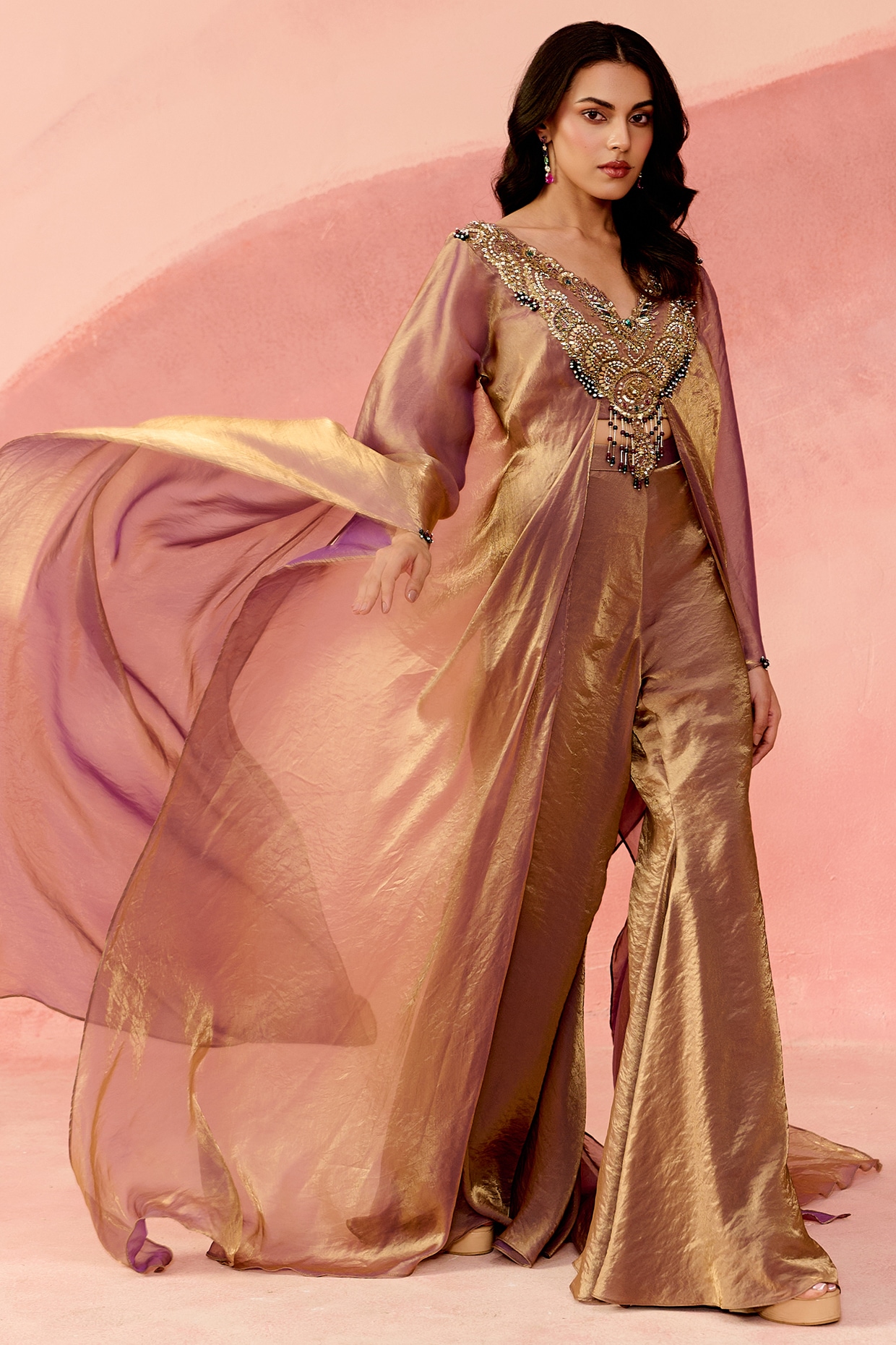 Label Moni K Rose Gold Fendi Organza Embellished Kaftan Set
