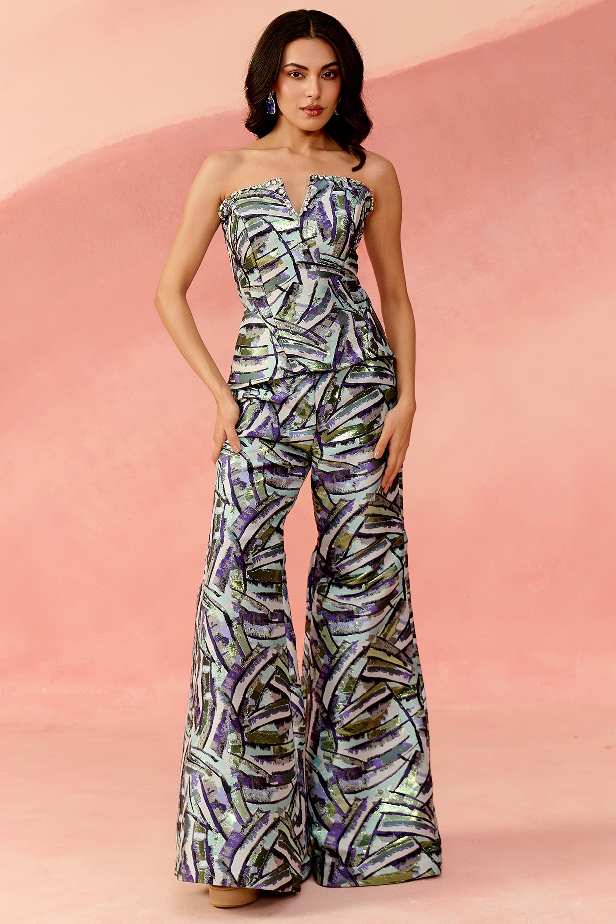 Label Moni K Blue Jacquard Crystal-Embellished Co-Ord Set