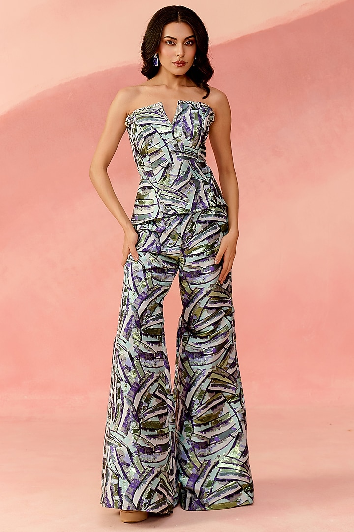 Blue Jacquard Crystal-Embellished Co-Ord Set by Label Moni K at Pernia's Pop Up Shop