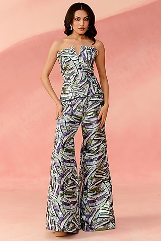 Blue Jacquard Crystal-Embellished Co-Ord Set by Label Moni K
