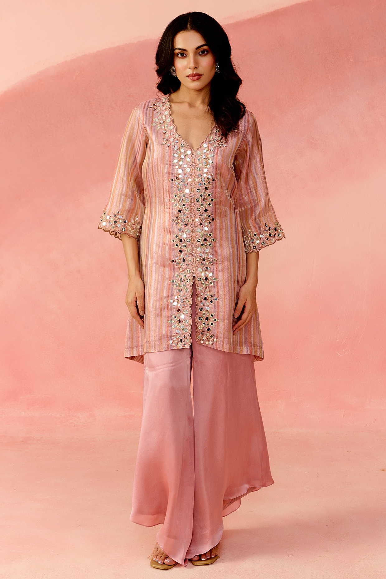 Label Moni K Pink Tissue Organza Mirror Embroidered Kurta Set