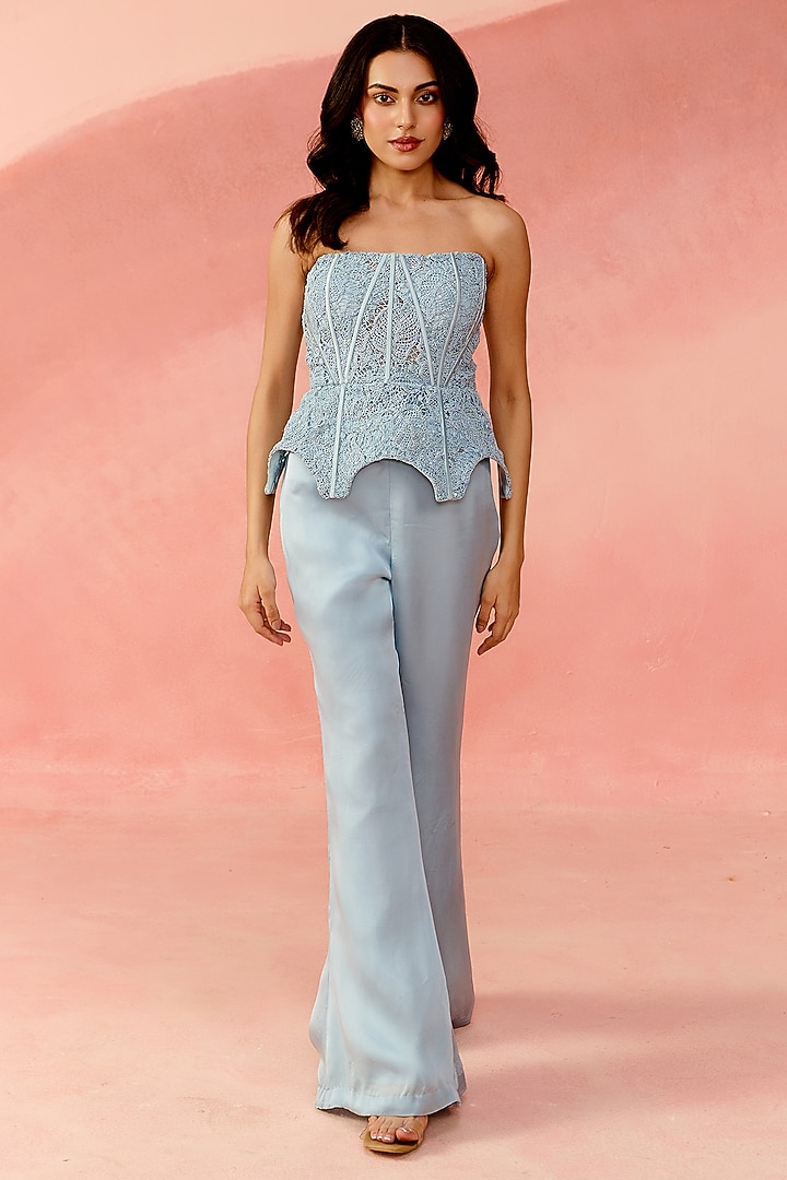 Powder Blue Chemical Lace Corset & Satin Organza Co-Ord Set by Label Moni K at Pernia's Pop Up Shop