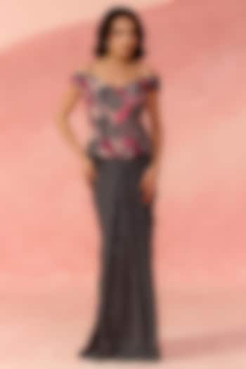 Magenta Pink & Black Crepe Mosaic Printed Draped Skirt Set by Label Moni K at Pernia's Pop Up Shop