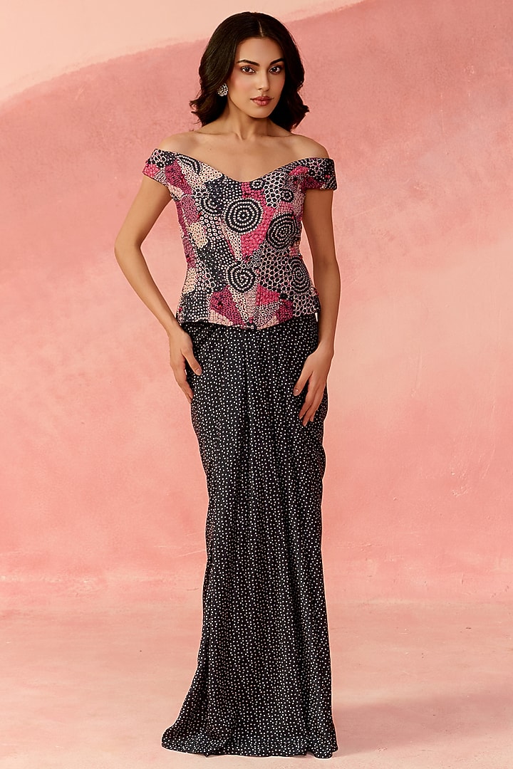 Magenta Pink & Black Crepe Mosaic Printed Draped Skirt Set by Label Moni K at Pernia's Pop Up Shop