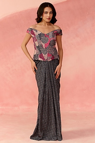 Magenta Pink & Black Crepe Mosaic Printed Draped Skirt Set by Label Moni K