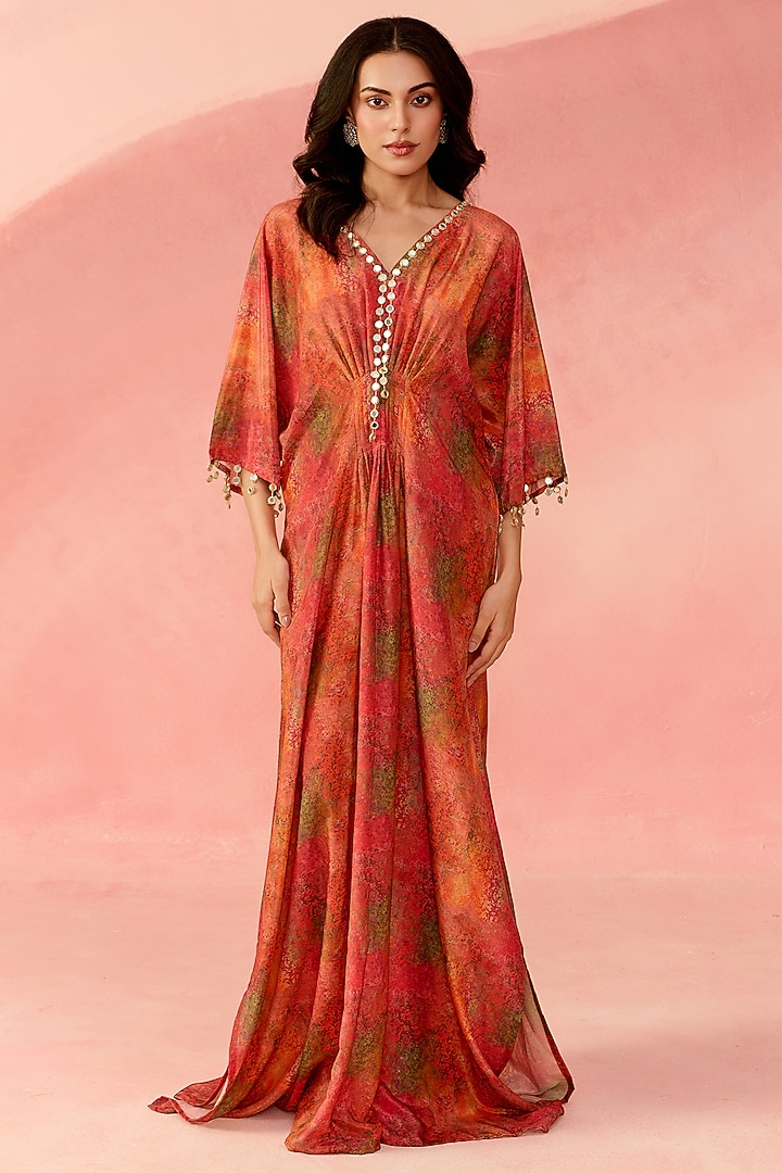 Sunset Ochre Ombre Crepe Mirror Embellished Kaftan by Label Moni K at Pernia's Pop Up Shop