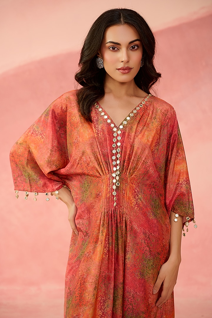 Sunset Ochre Ombre Crepe Mirror Embellished Kaftan by Label Moni K at Pernia's Pop Up Shop