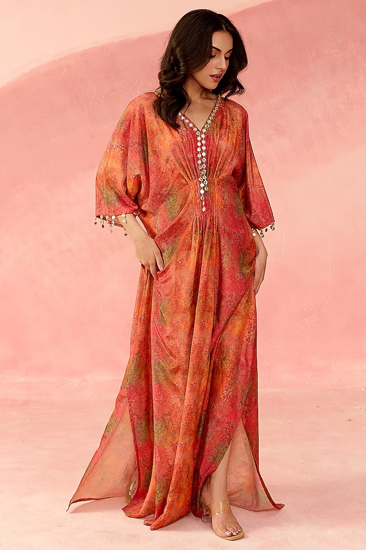 Sunset Ochre Ombre Crepe Mirror Embellished Kaftan by Label Moni K at Pernia's Pop Up Shop