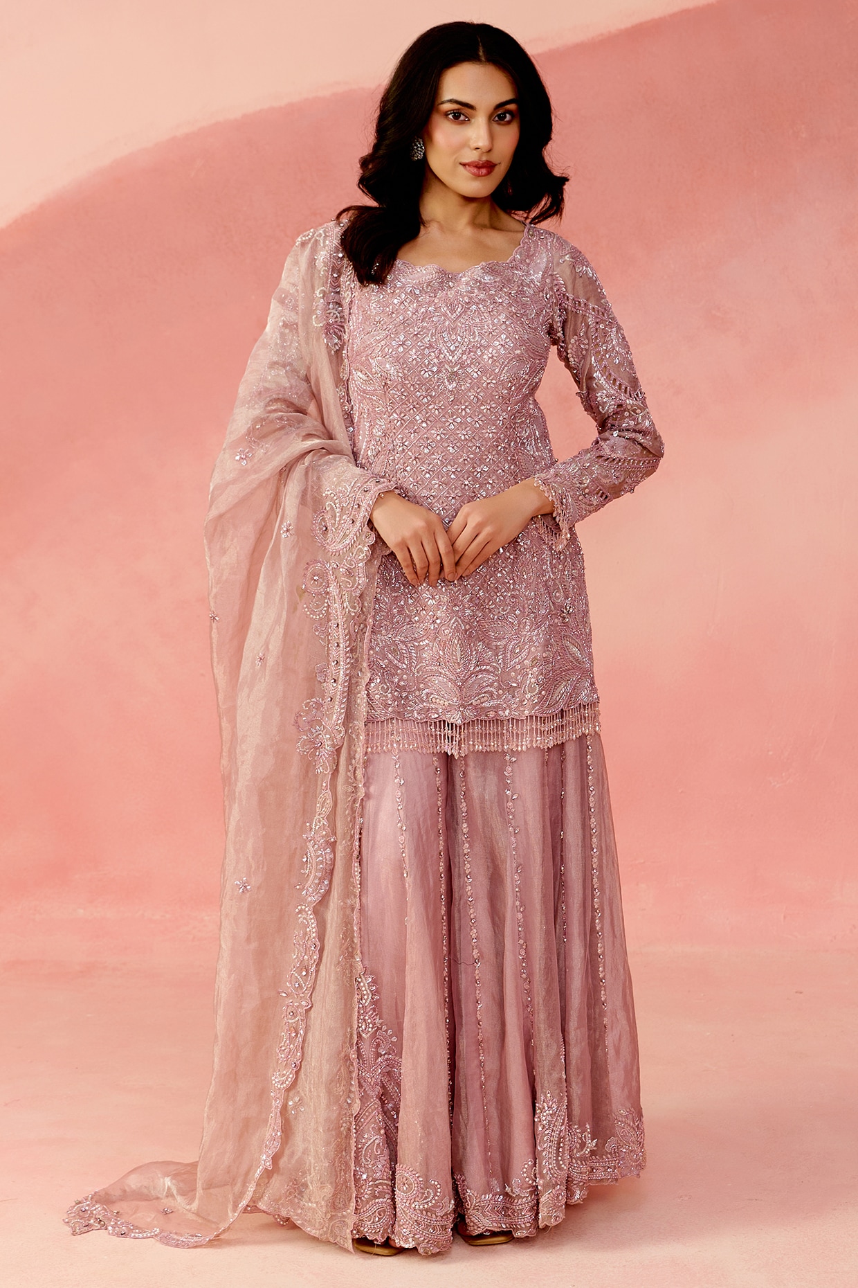 Label Moni K Rose Pink Pure Tissue Organza Sequin Embellished Sharara Set