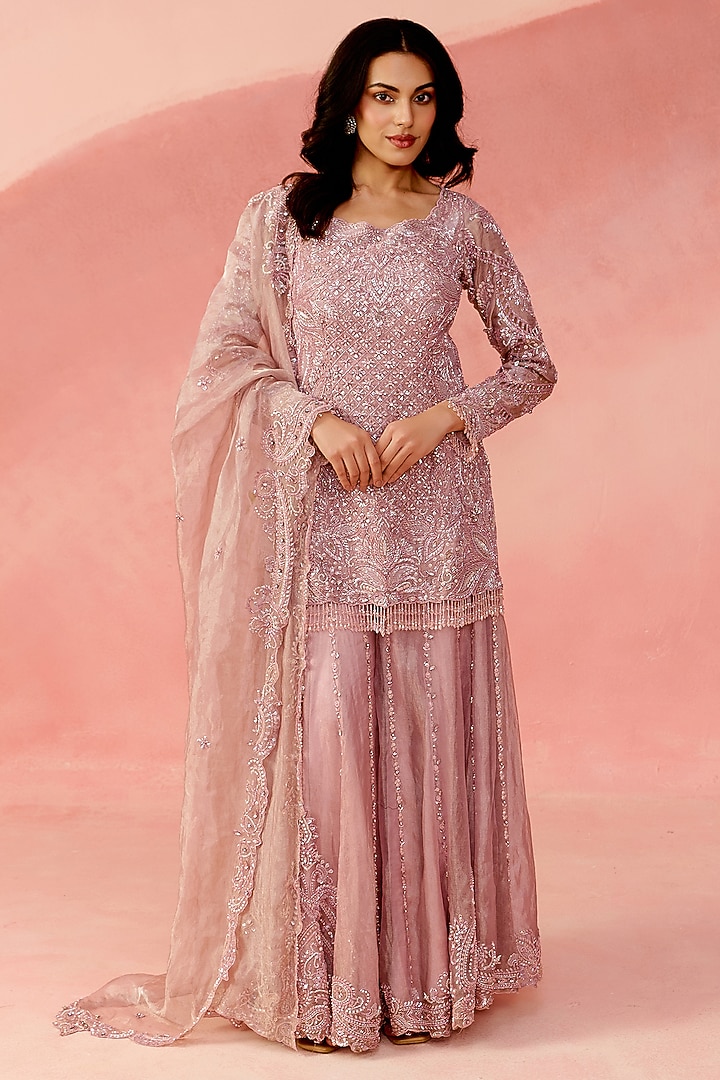 Rose Pink Pure Tissue Organza Sequin Embellished Bridal Sharara Set by Label Moni K at Pernia's Pop Up Shop