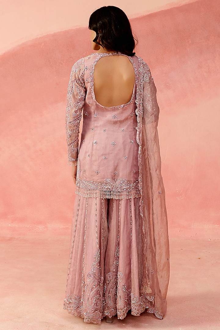 Rose Pink Pure Tissue Organza Sequin Embellished Bridal Sharara Set by Label Moni K at Pernia's Pop Up Shop