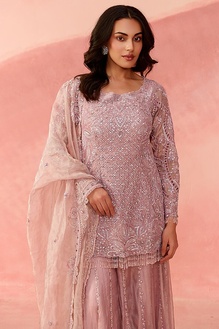 Rose Pink Pure Tissue Organza Sequin Embellished Bridal Sharara Set by Label Moni K at Pernia's Pop Up Shop