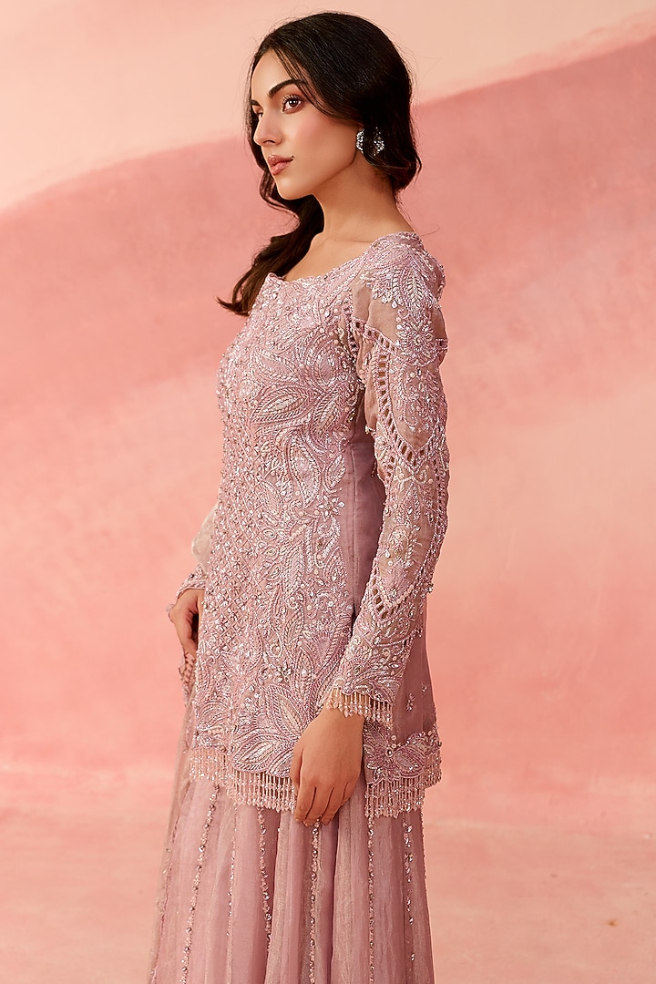 Rose Pink Pure Tissue Organza Sequin Embellished Bridal Sharara Set by Label Moni K at Pernia's Pop Up Shop