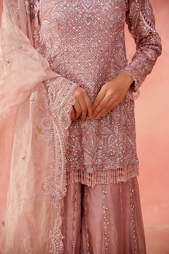 Rose Pink Pure Tissue Organza Sequin Embellished Bridal Sharara Set by Label Moni K at Pernia's Pop Up Shop