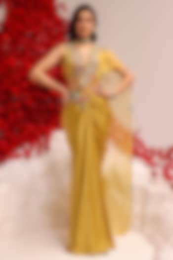 Yellow Satin & Organza Hand Embellished Draped Saree Set by Label Moni K at Pernia's Pop Up Shop