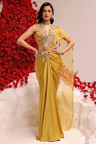 Yellow Satin & Organza Hand Embellished Draped Saree Set by Label Moni K