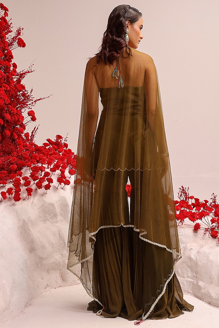 Olive Green Georgette Party Wear Sharara Set by Label Moni K at Pernia's Pop Up Shop