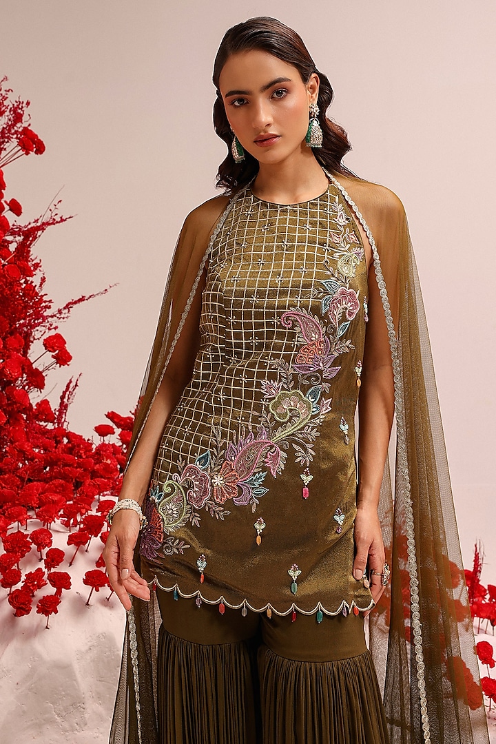 Olive Green Georgette Party Wear Sharara Set by Label Moni K at Pernia's Pop Up Shop